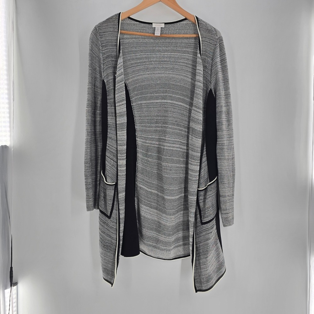 Chico's Women's Cardigan Sweater Sz Medium Jacket Open Front Black Gray Cotton